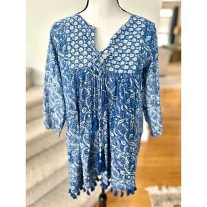 Ro's Garden Seychelles Blue & White Paisley Block Print Tassel Short Tunic